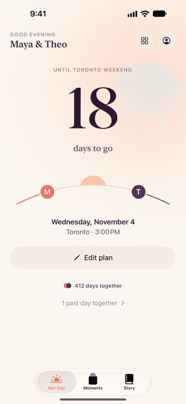 CloserDays countdown screen showing 18 days until a Toronto weekend