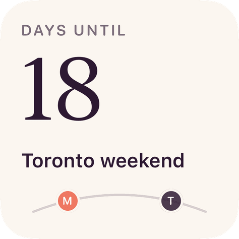 CloserDays Home Screen widget reading 18 days until Toronto weekend