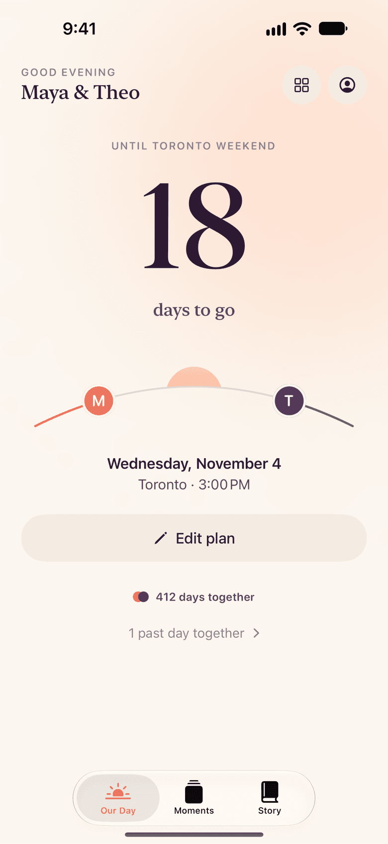 CloserDays countdown screen showing 18 days to go until a Toronto weekend