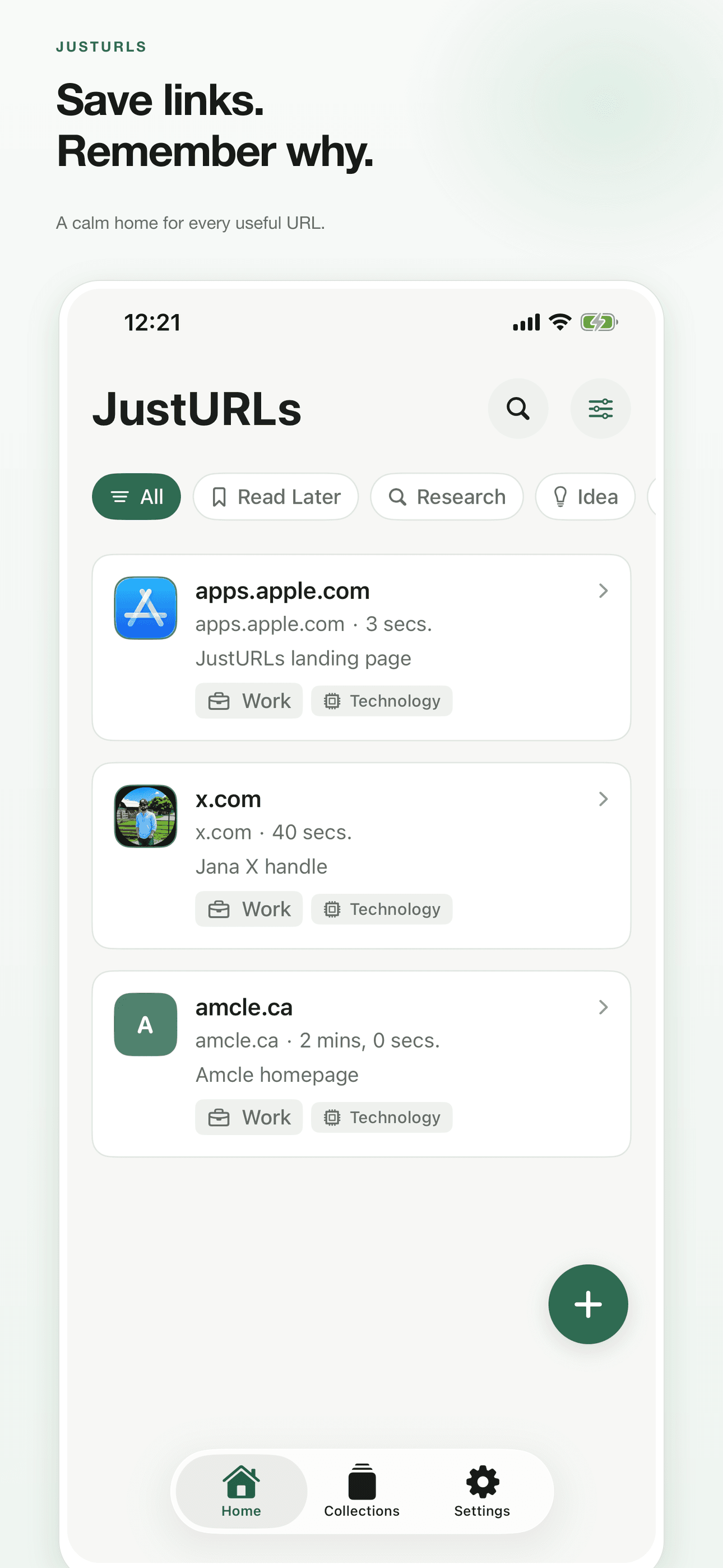 JustURLs App Store preview showing an organized list of saved links